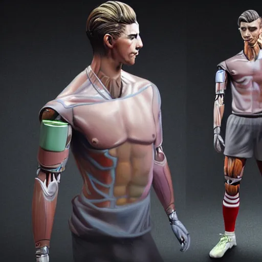 Image similar to a realistic detailed photo of a guy who is an attractive humanoid who is half robot and half humanoid, who is a male android, attractive and handsome soccer players, shiny skin, posing like a statue, blank stare, in a factory, on display, showing off his muscles, wearing soccer shorts, side view, looking at each other mindlessly