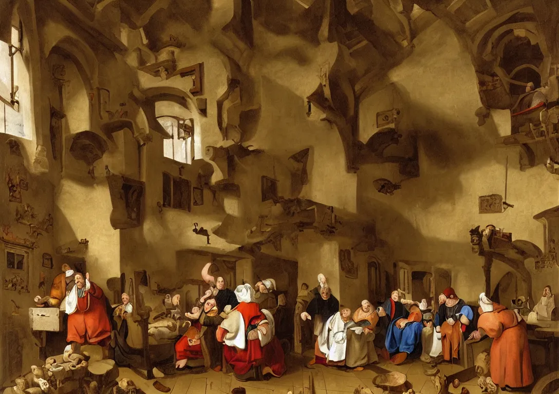 Prompt: People in a medieval guest house, a woman sitting in the center with a gold robe, next to her a few peasants arguing, duck on shoulder, left sleeping priest, window left, right doorway with pig and fire, daylight, tools on walls, in the style of Jan Steen