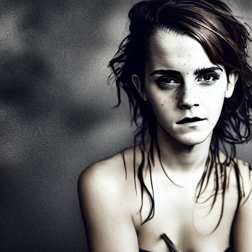 Image similar to Emma Watson, grungy, unkept hair, glowing eyes, modelsociety, wet from rain, radiant skin, huge anime eyes, bright on black, dramatic, studio lighting, perfect face, intricate, Sony a7R IV, symmetric balance, polarizing filter, Photolab, Lightroom, 4K, Dolby Vision, Photography Award