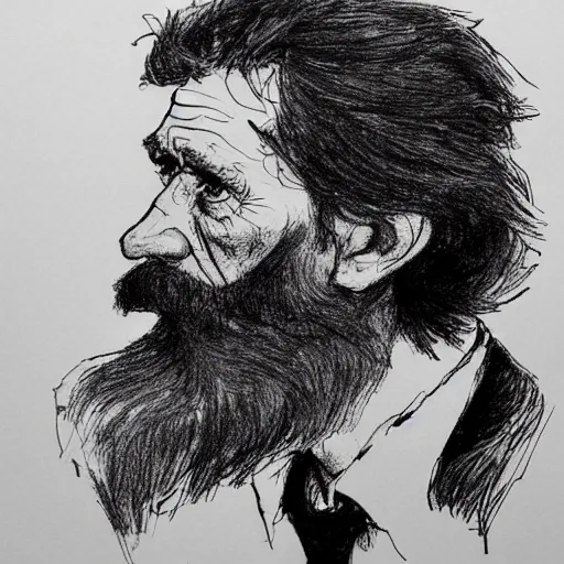 Image similar to a realistic yet scraggly portrait sketch of the side profile of a stern and sophisticated willem dafoe with a beard, trending on artstation, intricate details, in the style of frank auerbach, in the style of sergio aragones, in the style of martin ansin, in the style of david aja, in the style of mattias adolfsson