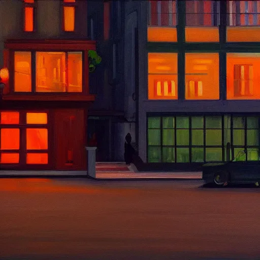 Image similar to a moody city painting at night in the style of Edward Hopper, 4k,