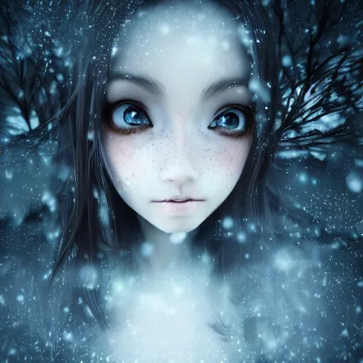 Image similar to focus face portrait of beautiful darkness witch 3D anime girl, dark forest background, snowing, bokeh, inspired by Tim Burton, digital painting, high contrast, unreal engine render, volumetric lighting, high détail