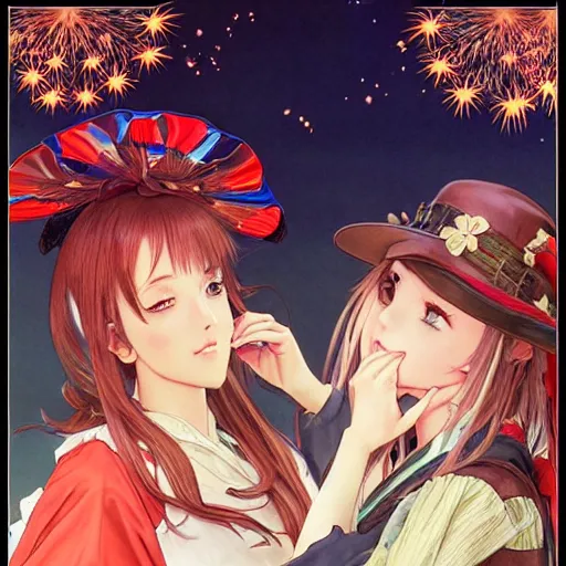 Image similar to two beautiful girls watching fireworks, digital art, by range murata, akiyuki shinbou, alphonse mucha, masamune shirow, josan gonzales, highly detailed, realistic, cinematic, trending on pixiv fanbox