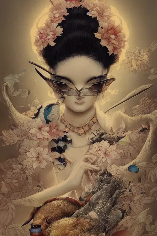 Image similar to a cover of japanese art magazine about animal by illustrated by miyazaki by karol bak, james jean, tom bagshaw, rococo, sharp focus, trending on artstation, cinematic lighting, hyper realism, octane render, 8 k, hyper detailed, vivid, ultra detailed, highly detailed