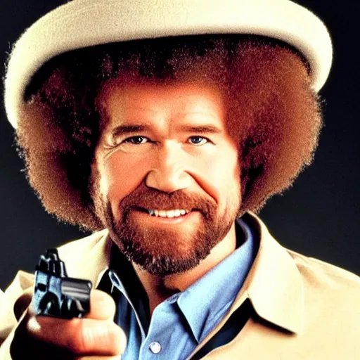 Prompt: Bob Ross holding a gun pointed at you