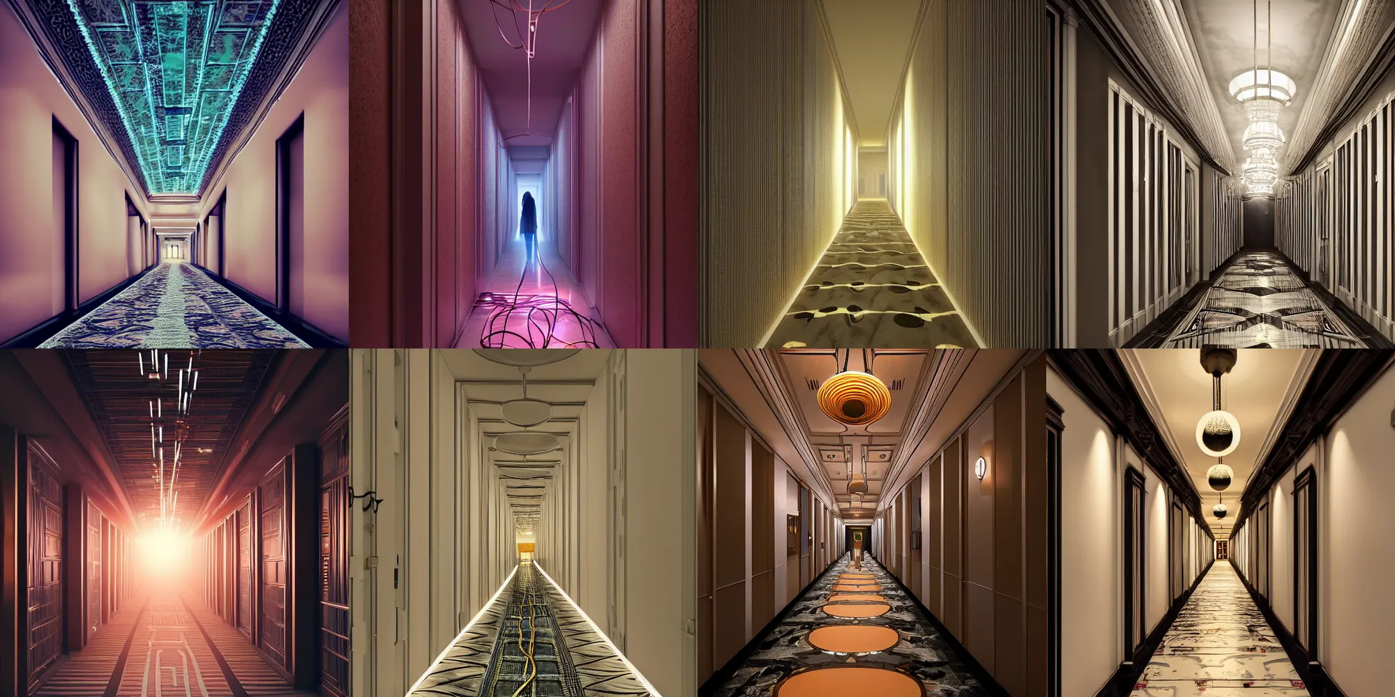 Prompt: long detailed hotel hallway, eyeball connected to wires and cables, in the style of beeple and Mike Winkelmann, photo real, ultra realistic, intricate, epic lighting, 8k resolution,