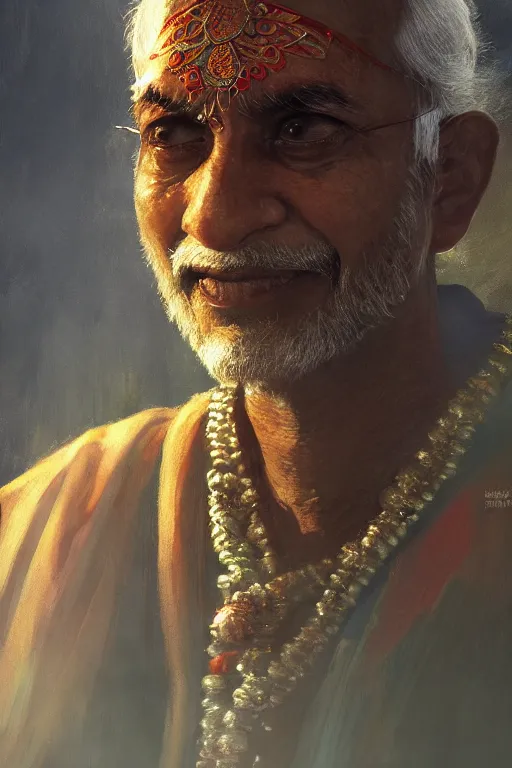 Image similar to hindu priest, close - up portrait, devoted, intricate, elegant, volumetric lighting, scenery, digital painting, highly detailed, artstation, sharp focus, illustration, concept art, ruan jia, steve mccurry