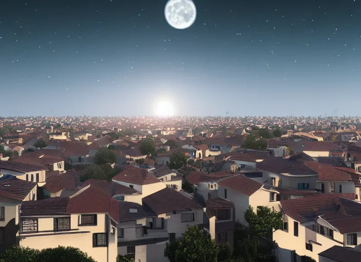 Image similar to thousands of moons. thousands of houses in the city. focus on the sky, hyperrealism, no blur, 4 k resolution, ultra detailed