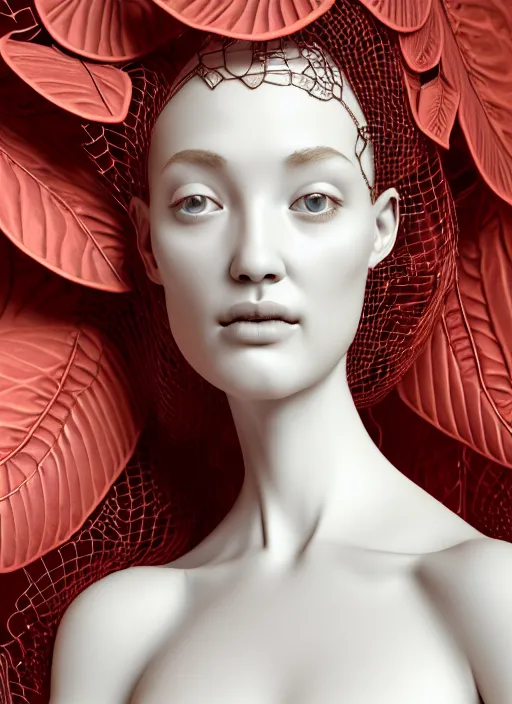 Prompt: complex 3d render ultra detailed of a beautiful porcelain profile woman face, white background, mechanical cyborg, 150 mm, beautiful natural soft light, rim light, studio light, silver gold details, magnolia big leaves and stems, roots, fine foliage lace, mesh wire, intricate details, hyperrealistic, mandelbrot fractal, Alexander Mcqueen haute couture, anatomical, red lips, white metal armor, facial muscles, cable wires, microchip, elegant, octane render, H.R. Giger style, 8k