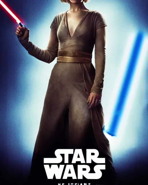 Image similar to jennifer lawrence as a jedi with ripped and damaged clothes holding a blue lightsaber in her hands, very dark background, official new star wars episode xi movie poster from lucas arts, perfect symmetrical face, moody lighting, 8 k, shallow depth of field, intricate detail,