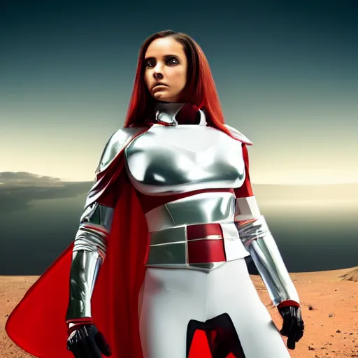 Image similar to portrait of a athletic female soldier in glossy sleek white armor with tiny red details and a long red cape, heroic posture, on the surface of mars, night time, dramatic lighting, cinematic, sci-fi, hyperrealistic