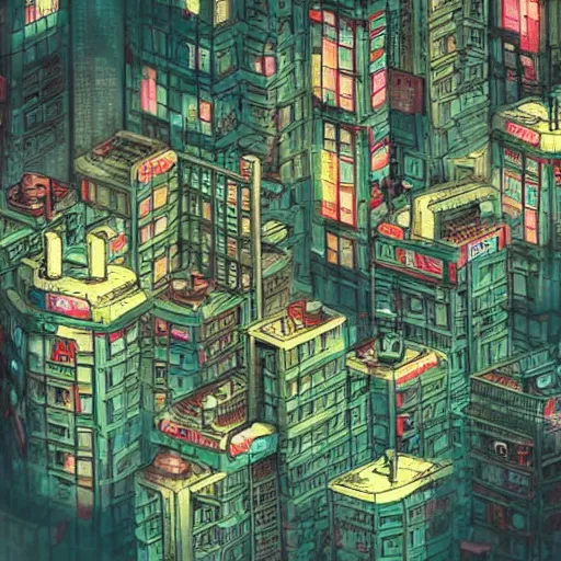 Prompt: “kowloon walled city in cyberpunk anime style”