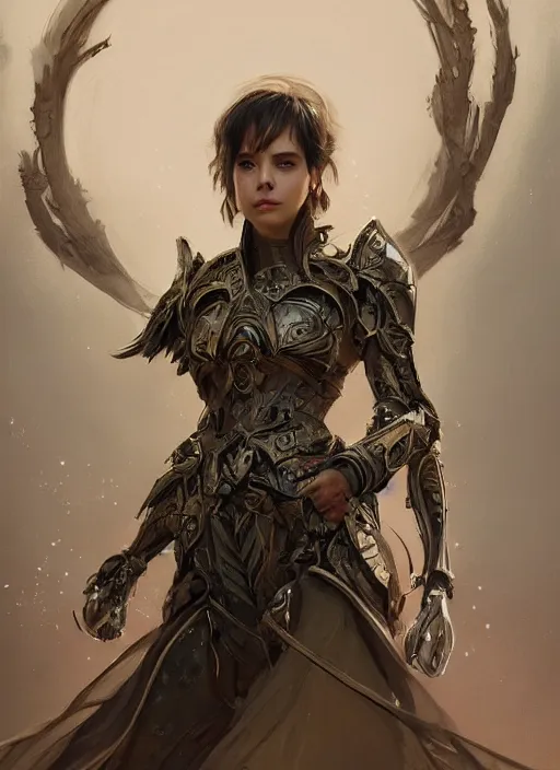 Image similar to a professional portrait of a beautiful young female, clothed in ethereal battle armor, olive skin, long dark hair, beautiful bone structure, symmetrical facial features, intricate, elegant, digital painting, concept art, smooth, sharp focus, finely detailed, illustration, from Valerian and the City of a Thousand Planets, in the style of Ruan Jia and Mandy Jurgens and Artgerm and Greg Rutkowski and William-Adolphe Bouguerea