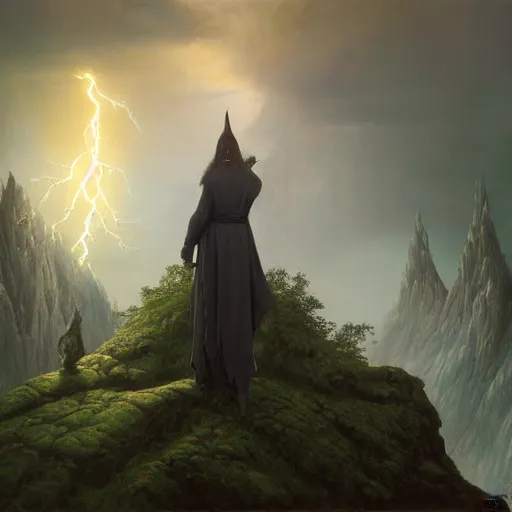 Image similar to a beautiful detailed realistic matte painting of close - up of a magical wizard looking towards a serene landscape with an eerie dark magic lightning portal to another dimension, by john howe and alexander skold and andreas rocha. vray, raytracing, detailed lighting, volumetric lighting, cinematic lighting, very wide shot, f 8