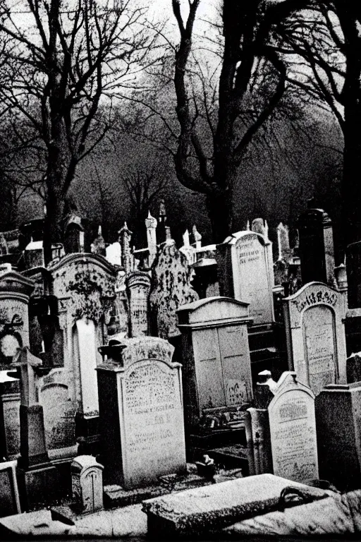 Image similar to Kodak T-MAX 3200 photo of creepy cemetery, 1910s paris, crow, scary, horror, dark mood