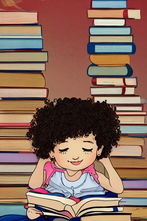 Prompt: a little girl with curly brown hair sits cross legged on top of a tall pile of books. she is reading. clean elegant pretty cartoon painting, beautiful detailed face, soft outlines, storybook illustration.