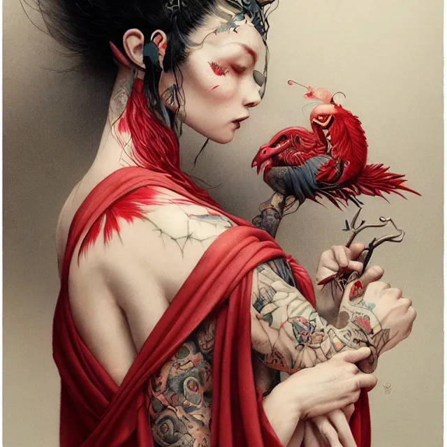 Image similar to ultra realistic illustration, beautiful ethereal woman dressed in red kimono, backview, tattoos, in the style of peter mohrbacher by weta digital and beth cavener, high face symmetry, intricate, masterpiece, award winning, high face symmetry, intricate