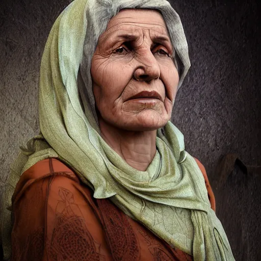 Image similar to hyperrealistic mixed media high resolution image of a beautiful Kurdish grandmother, stunning 3d render inspired art by István Sándorfi and Greg Rutkowski and Unreal Engine, perfect symmetry, dim volumetric lighting, 8k octane beautifully detailed render, post-processing, extremely hyper-detailed, intricate, epic composition, highly detailed attributes, highly detailed atmosphere, full body shot, cinematic lighting, masterpiece, trending on artstation, very very detailed, masterpiece, stunning, flawless structure, lifelike texture, perfection,