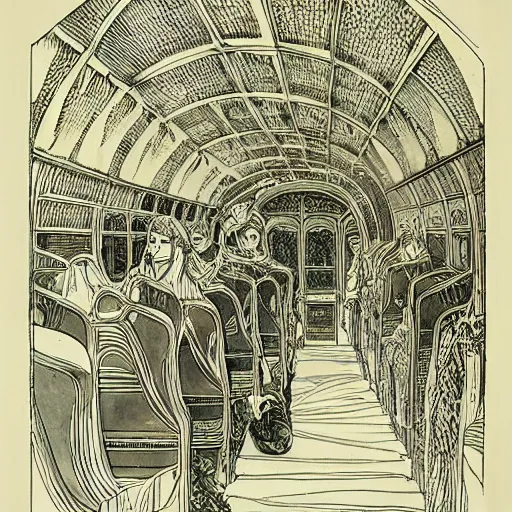 Image similar to artwork by Franklin Booth showing Babylon by bus