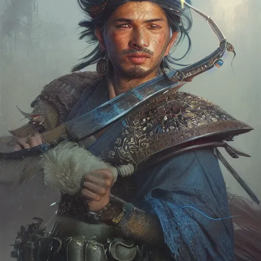 Prompt: Hyper realistic detailed portrait of a Kurdish samurai, Stephen Bliss, unreal engine, fantasy art by Greg Rutkowski, Loish, Rhads, ferdinand knab, Makoto Shinkai and Lois van baarle, ilya kuvshinov, rossdraws, Tom Bagshaw, alphonse mucha, global illumination, radiant light, detailed and intricate environment, highly detailed, award winning art