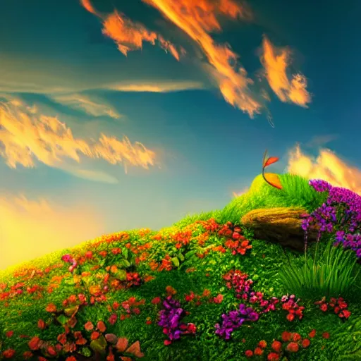 Image similar to flower on the edge of a cliff, cliff edge, colorful flower, sunset, beautiful colors, color palette, concept art, high detail, dramatic angle