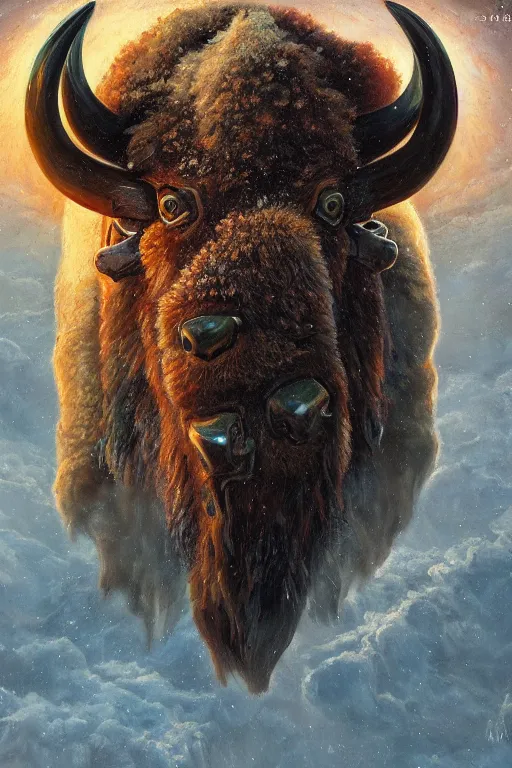 Image similar to bison astronaut, oil on canvas, intricate, portrait, 8 k highly professionally detailed, hdr, cgsociety