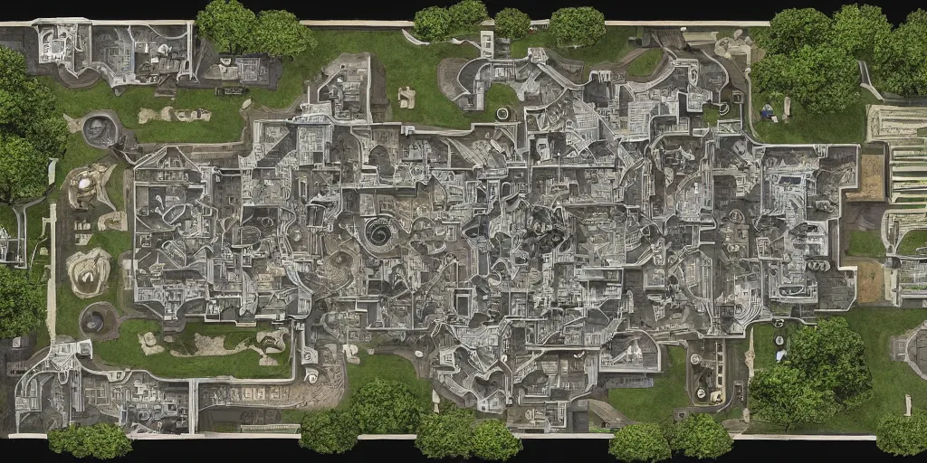 Prompt: architectural floor plan oblivion movie game adaptation map, symmetrical outpost, highly detailed