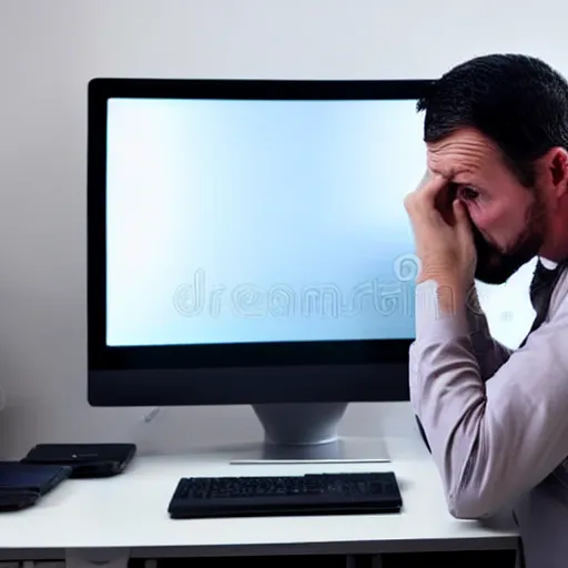 Image similar to A photo of a scared man in front of a computer, realistic, stock photo