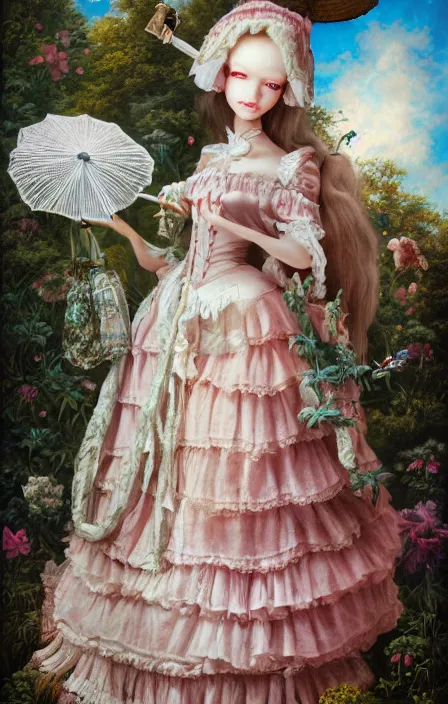 Prompt: A full-body portrait of a dollfie with an oversized head wearing victorian clothes and holding a lace parasol in an overgrown baroque palace courtyard, skies with pink fluffy clouds, small forest creatures. artwork by mark Ryden and Jasmine Becket-Griffith, 4k insane detail, pop surrealism