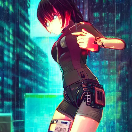 Prompt: full body!!!, digital cyberpunk anime!!, shattered beautiful cyborg - girl!!!, lightning, raining!!, water refractions!!, black long hair!, colorful reflective eyes, full round face!, biomechanical details, mid - shot, reflections, wlop, ilya kuvshinov, artgerm