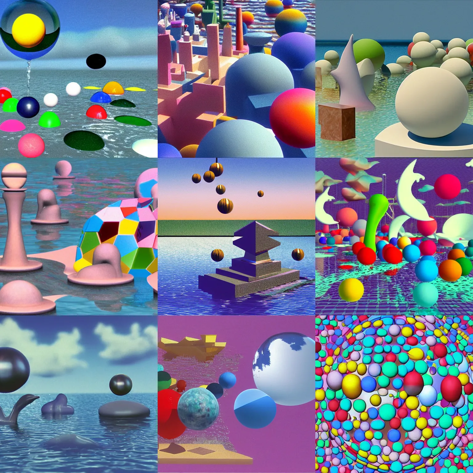 Prompt: still from a 1 9 8 3 3 d computer animation, constructive solid geometry, floating colorful geometric shapes and structures, spheres, statues, faces, water, glass, marble, chrome, stone, dolphins, clouds, vaporwave