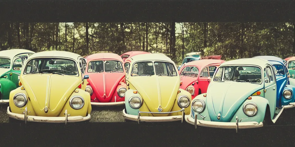 Image similar to polaroid photo of volkswagen beetles, vintage colors, slight color bleed