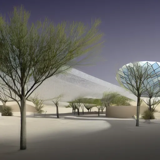Prompt: architectural rendering of biophilia building in the desert, biomimetry