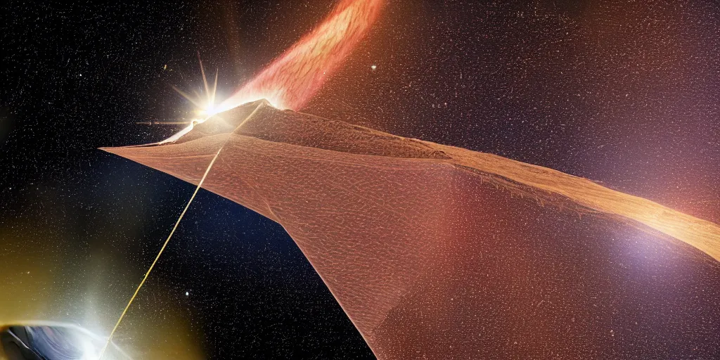 Image similar to medium close up of a solar sail probe entering a solar system carrying a dead alien. The probe is from an isolated star in a thick dust cloud, UE5, 8K, 4K