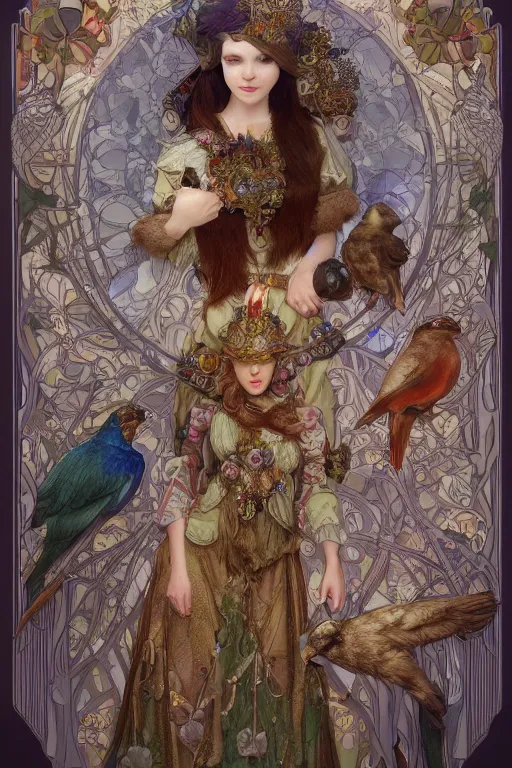 Image similar to zoomed out 3 d render of english princess holding birds, ornaments, mucha vibe, dieselpunk, solarpunk, artstation