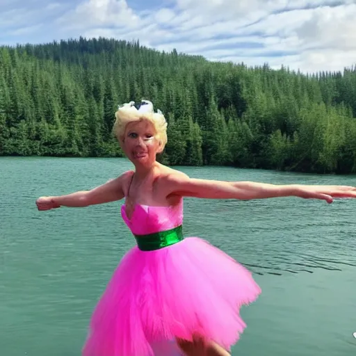 Image similar to ( ( green putin wearing a pink tutu ) ), on a boat on a lake