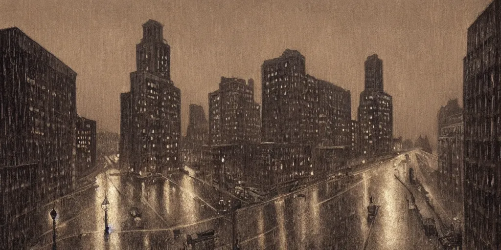 Prompt: a realistic rooftop sepia - toned painting of 1 9 2 0 s downtown boston at night in the rain, dark, brooding, atmospheric, lovecraft