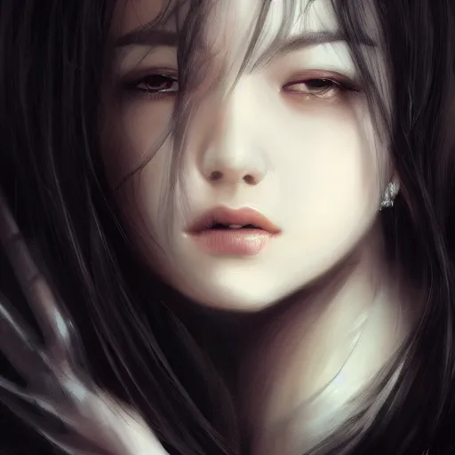 Image similar to a beautiful and elegant girl by wlop, black hair, dream, closeup headshot, high detailed, style of ghost blade, ultra - realistic painting.