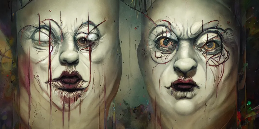 Image similar to a clown portrait in cloistered alleyway dreaming of a circus, in the style of peter mohrbacher by weta digital and francis bacon, high face symmetry, intricate, masterpiece, award winning, high face symmetry, intricate