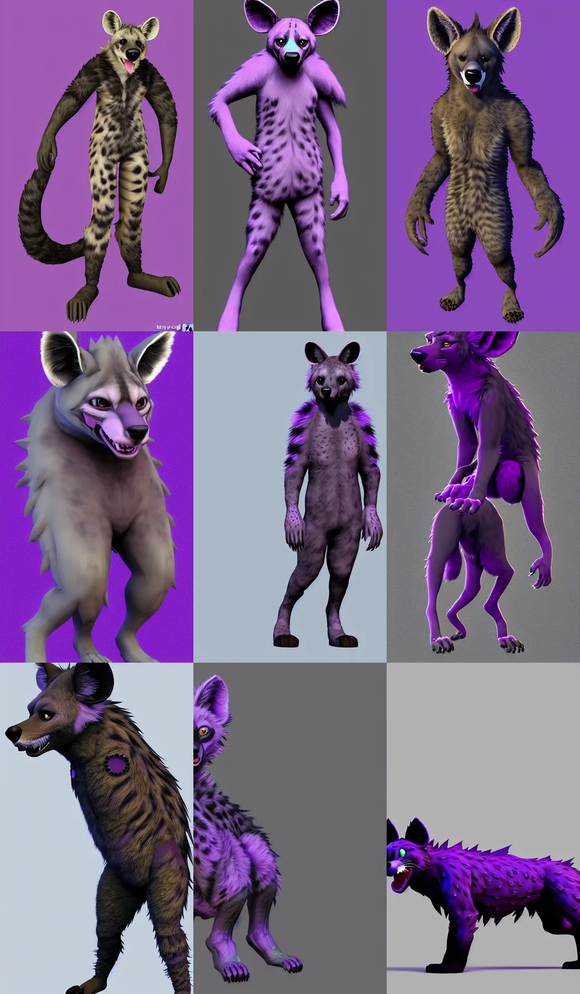 Prompt: a full - body centered front - perspective furry male fursona portrait, a male hyena fursona ( with tail ), purple and black fur color scheme, trending on weasyl, painted in zbrush, high - resolution, godrays, photorealistic