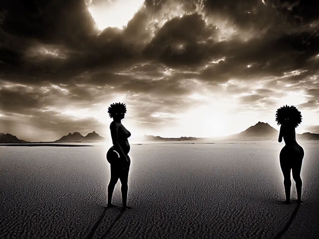 Image similar to a black woman experiencing timelessness on a desert beach, early morning, golden hour, altered state, beautiful, moody, cinematic lighting highly detailed, inspired by detailed graphic novel cover art, photo by sebastiao salgado