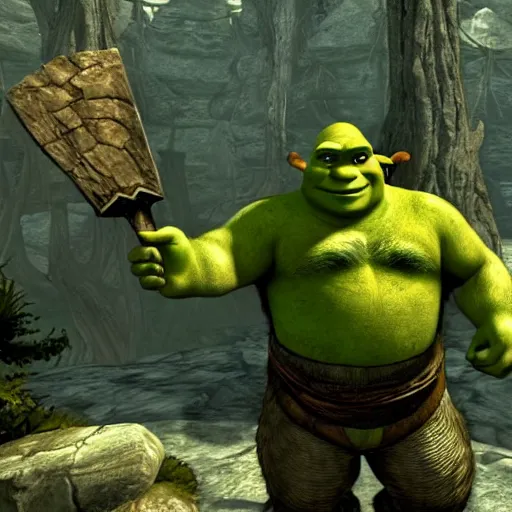 Prompt: shrek as the main character of skyrim