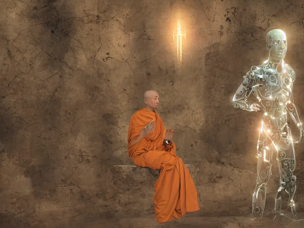 Prompt: A cyborg monk finding enlightenment in the futurw