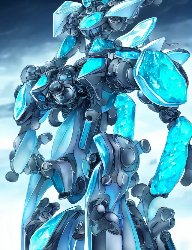 Image similar to a detailed manga portrait of an aquamarine and topaz crystalline mech with ruby crystal armour plating, trending on artstation, digital art, 4 k resolution, detailed, high quality, sharp focus, hq artwork, coherent, insane detail, character portrait