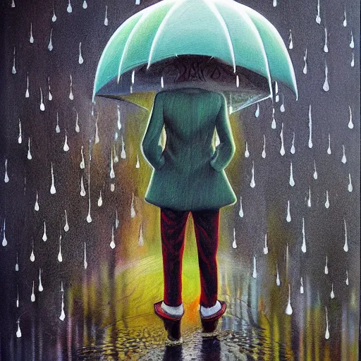 Prompt: standing in the rain, painting by chris mars