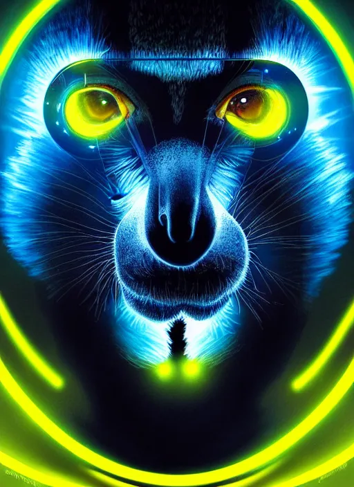 Prompt: symmetry!! portrait of a lemur, sci - fi, tech wear, blue and yellow glowing lights!! intricate, elegant, highly detailed, digital painting, artstation, concept art, smooth, sharp focus, illustration, art by artgerm and greg rutkowski and alphonse mucha