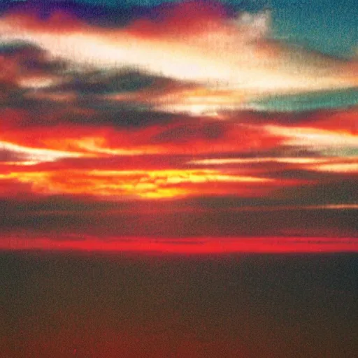 Prompt: picture from vhs tape, sunset, clouds