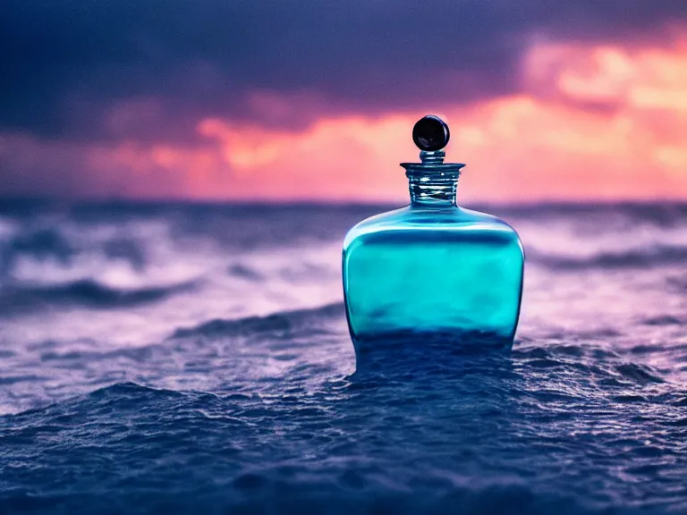 Prompt: cinestill 5 0 d surreal photography of perfume bottle emerging from swirling ocean waves and marmelade sunset sky / 4 style of nicholas fols, 2 0 0 mm, mute dramatic colours, soft blur outdoor stormy sea background, volumetric lighting, hyperdetailed, hyperrealistic