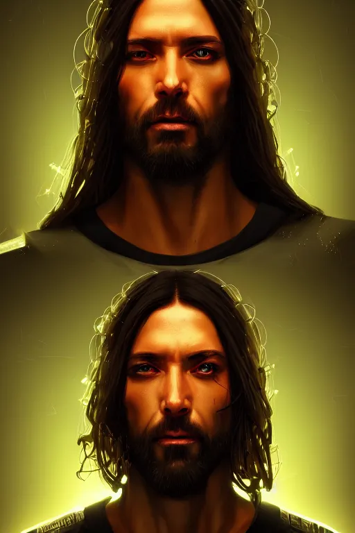 Image similar to a portrait of cyberpunk jesus, grim - lighting, high - contrast, intricate, elegant, highly detailed, digital painting, artstation, concept art, smooth, sharp focus, illustration