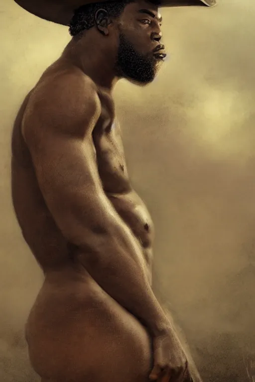 Prompt: a beautiful dramatic epic painting of a thicc shirtless black man | he is wearing a leather harness and cowboy hat | prairie setting, dust clouds | homoerotic, highly detailed, dramatic lighting | by Mark Maggiori, by William Herbert Dunton, by Charles Marion Russell | trending on artstation